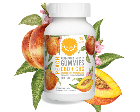 Peach Honey CBD Gummies bottle with real peach slices and honeycomb