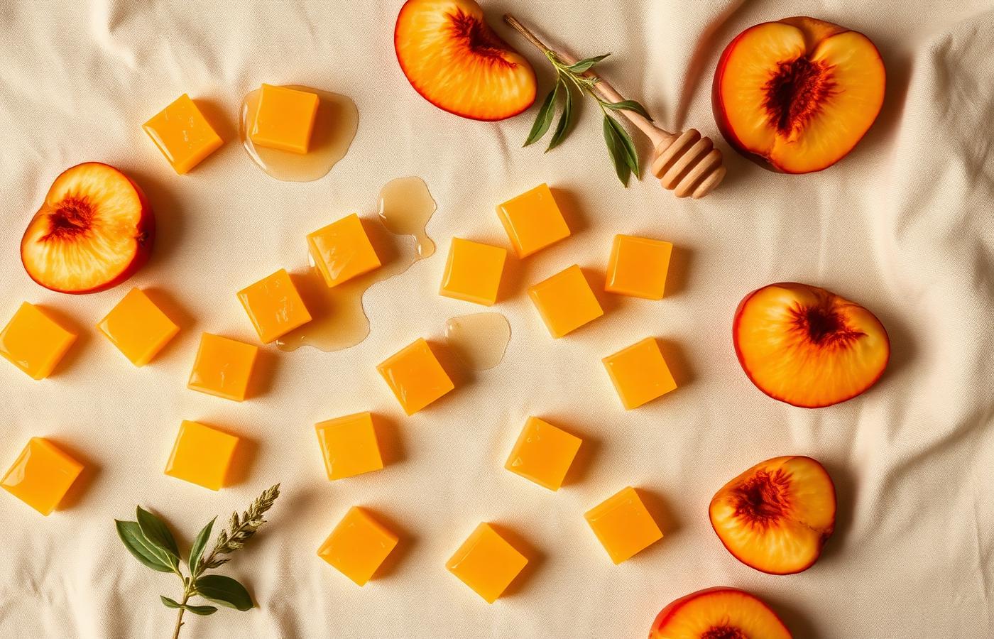 Peach Honey CBD gummies scattered with fresh peach slices and honey drizzle
