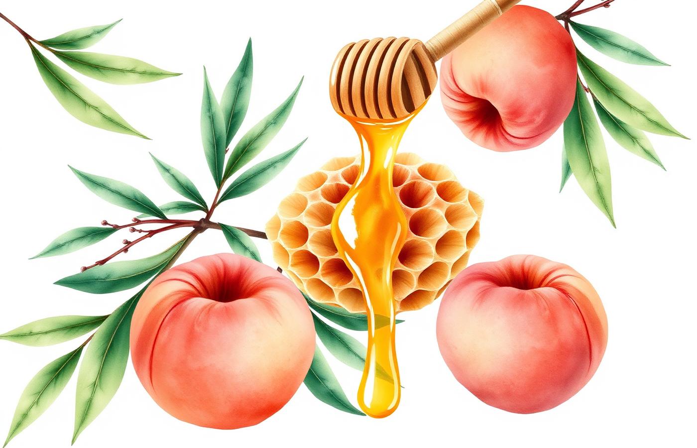 Watercolor illustration of peaches, honeycomb and hemp leaves — Peach Honey CBD Gummies ingredients