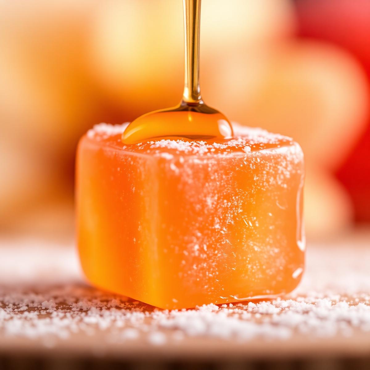 Close up of a single Peach Honey CBD gummy with honey drizzle